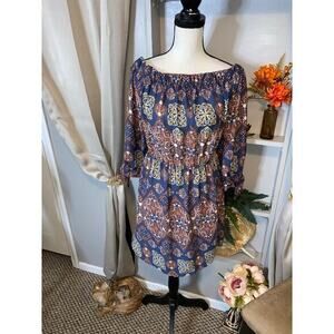 Hint of Blush Off Shoulder GUC size Large Blue Dress Bow Tie Sleeve with Elastic